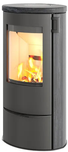 Lotus ronde houtkachel met groot glas, zwart stalen front en grijze zijbekleding voor sfeervolle en efficiënte verwarming in huis