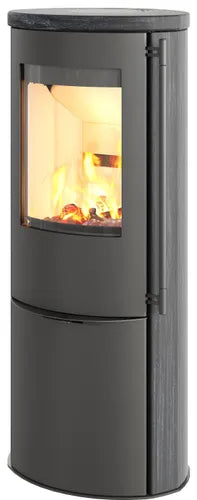 Lotus ronde houtkachel met groot glas, zwart stalen front en grijze zijbekleding voor sfeervolle en efficiënte verwarming in huis